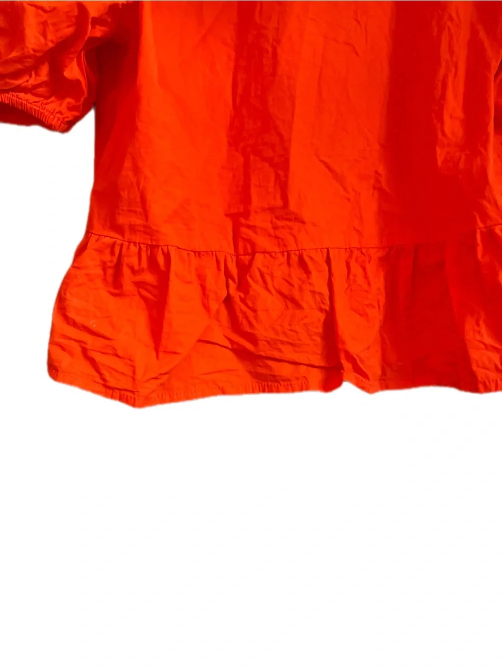 Puff Sleeve Vibrant Red Orange Cotton Blouse with Tie Closure Size L Boho Summer - Picture 8 of 12